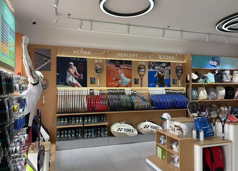 A well-organized Yonex tennis shop featuring rows of VCORE, PERCEPT, and EZONE rackets and gear.