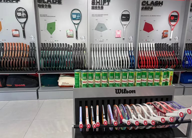 A retail display of Wilson tennis rackets including Blade, Clash, and Shift models with tennis ball cans.