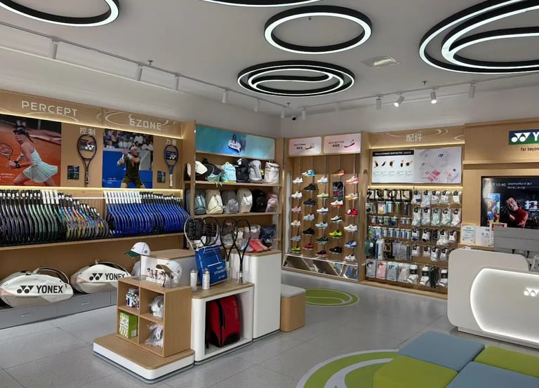Yonex tennis retail store featuring professional rackets, sports apparel, and athletic footwear displays.