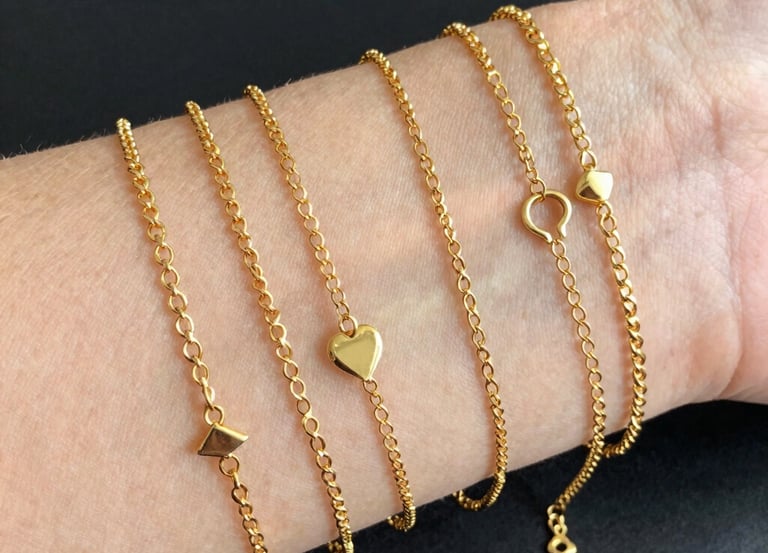 Close-up of delicate permanent bracelets and necklaces glowing softly on wrists and necks.