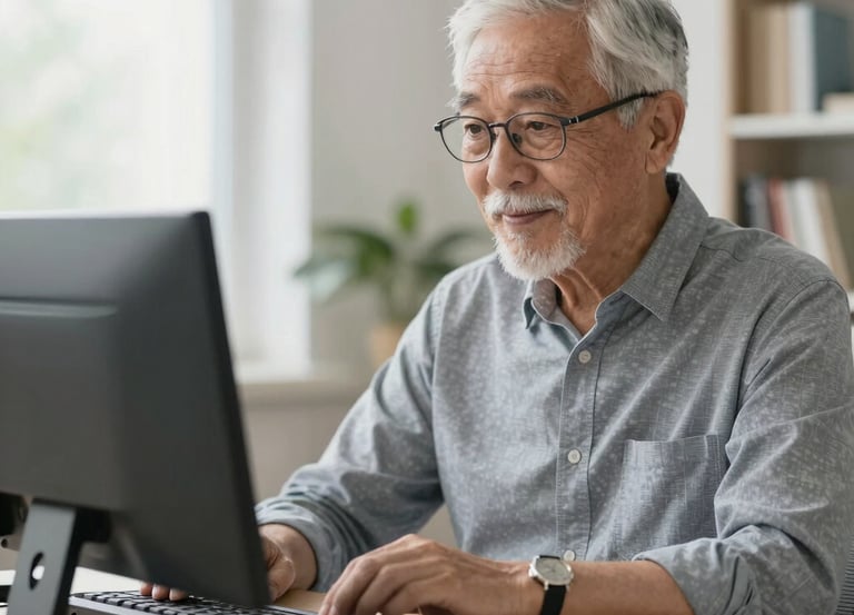 A warm photo of a smiling senior couple sitting together, happily using a laptop in a cozy, softly lit room.