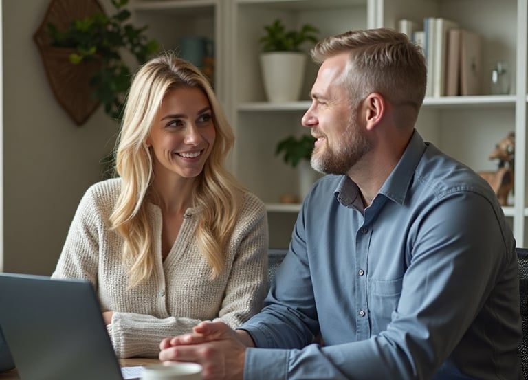 A caring financial advisor meeting with a client in a cozy office setting.