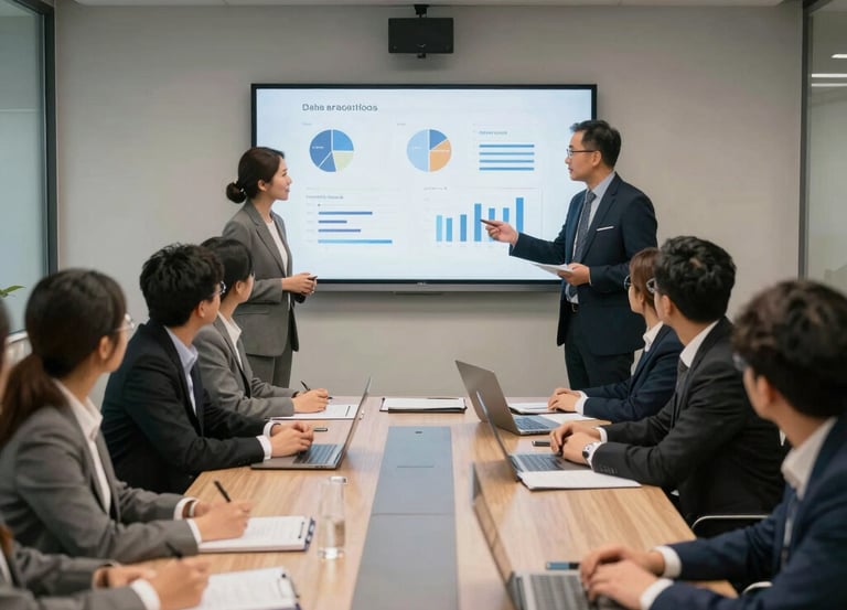 A professional team collaborating over recruitment strategies in a modern office.