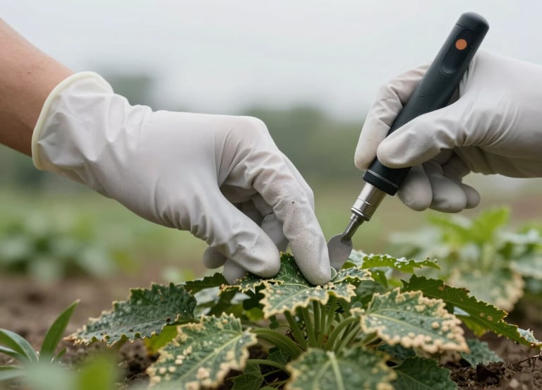 Gloved hands using a precision tool to inspect diseased plant leaves in an agricultural field.