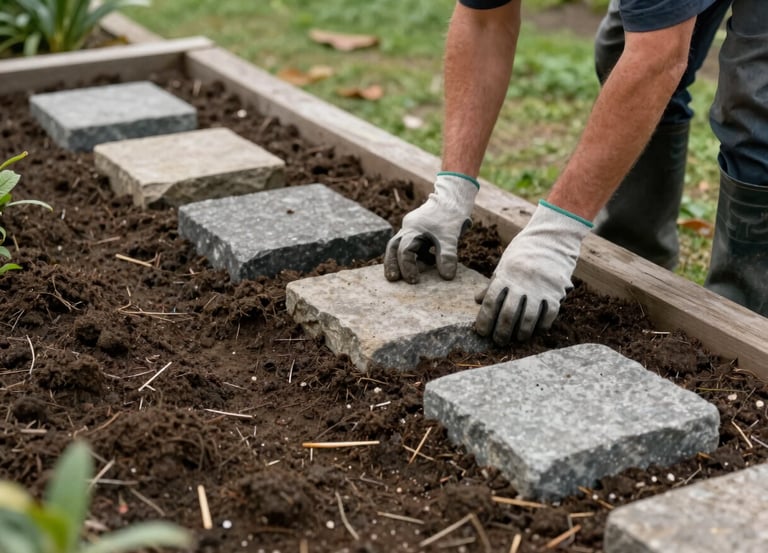 A gardener installs square stone pavers into dark garden soil to create a walking path.