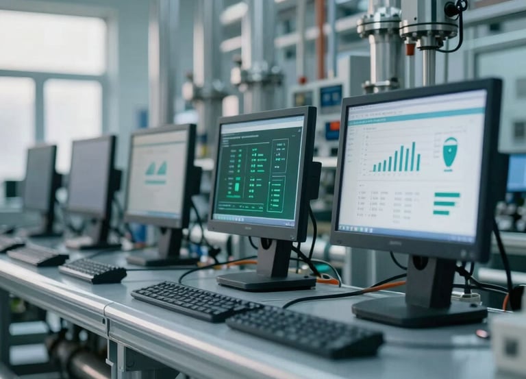 A high-tech, clean industrial facility featuring a network of polished steel pipes and advanced monitoring screens, illuminated with soft natural light. The scene incorporates a color palette of #1B3A32 and #4F7E6B to represent carbon emission reduction technology. Professional, modern, and trustworthy atmosphere.
