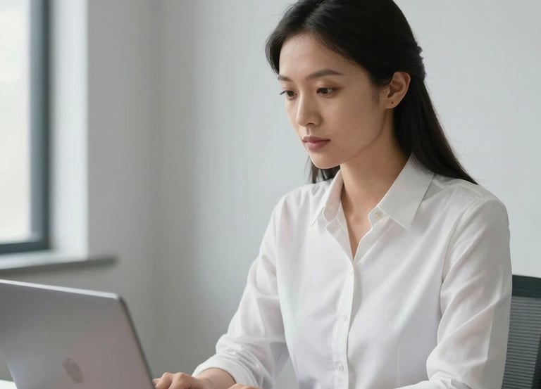 A focused administrative professional at work, typing on a laptop in a bright, organized office environment. Minimalist decor with light gray walls and professional South American styling.