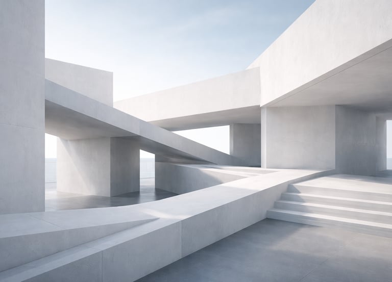 Minimalist architectural scene with intersecting concrete pathways and clean geometric forms, symbol