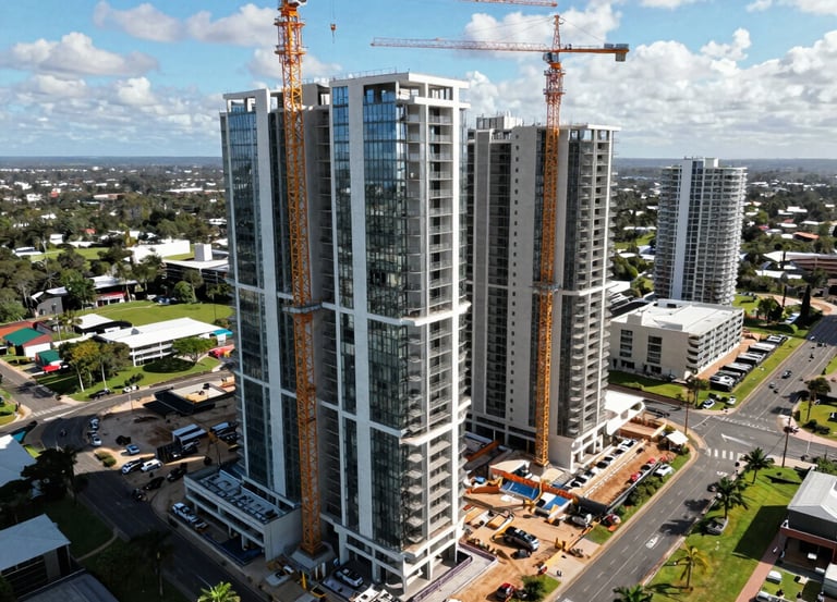 Aerial view of a Queensland property development site with cranes and construction in progress.