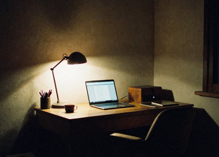 A cozy home office workspace featuring a laptop and desk lamp illuminating a wooden desk at night.