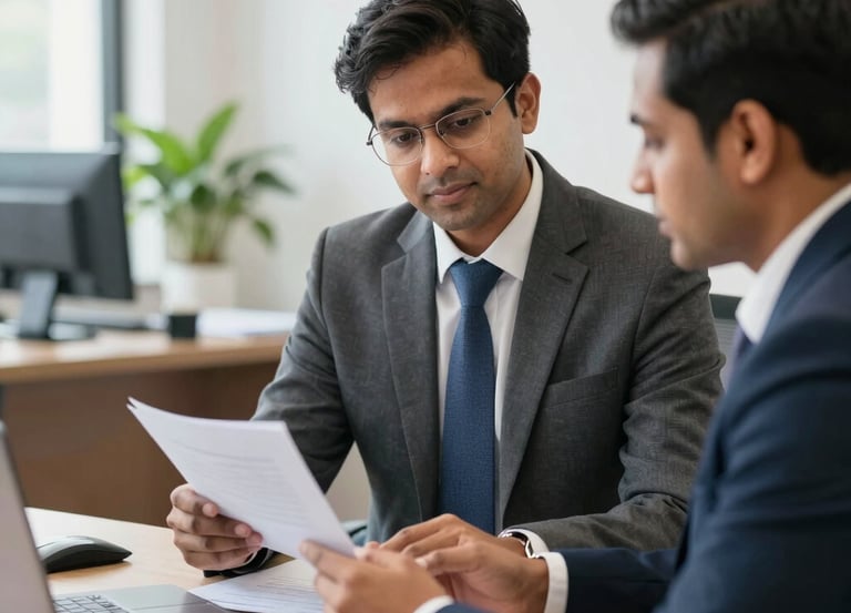 A professional consultant reviewing tender documents with a client in a modern office.