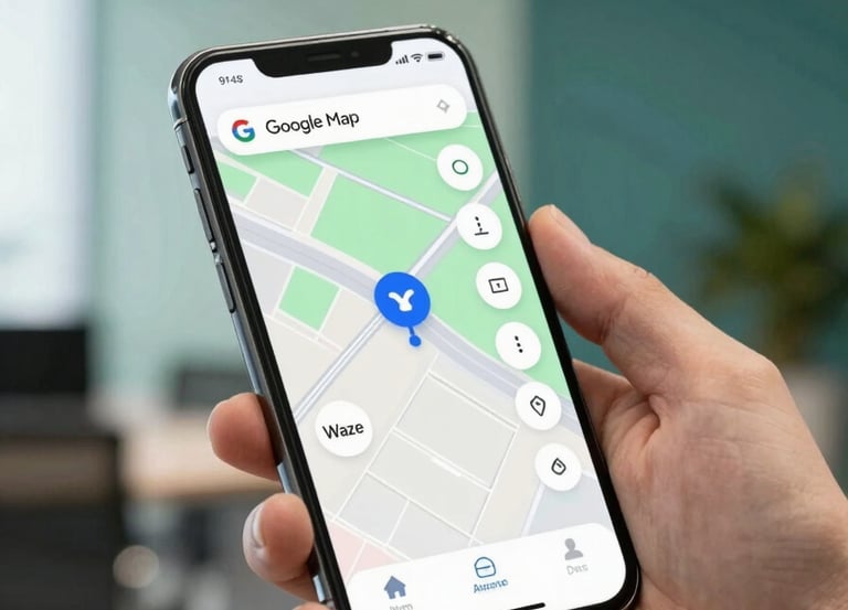 A close-up of a smartphone screen displaying Google Maps and Waze navigation icons, held by a person in a modern Malaysian office setting. Professional lighting, incorporating the sage green #A4C3A8 and deep teal #1C2D2F colors in the background decor.