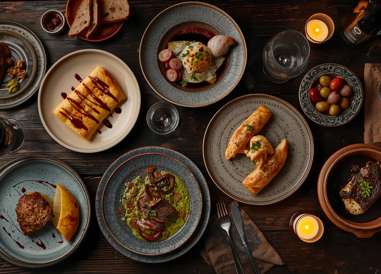 Overhead view of various gourmet tapas plates on a dark wooden table with candles and wine.