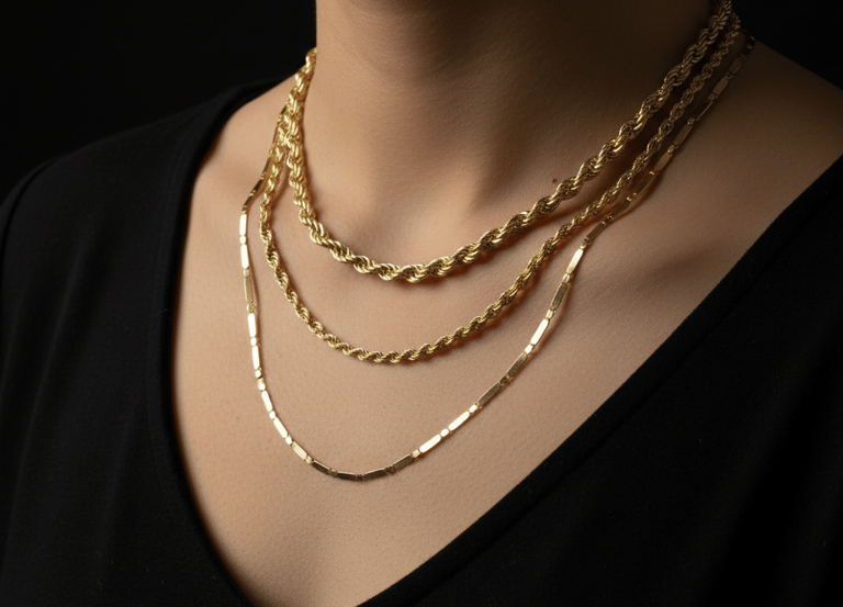 Mujer luciendo tres collares en capas de oro laminado.