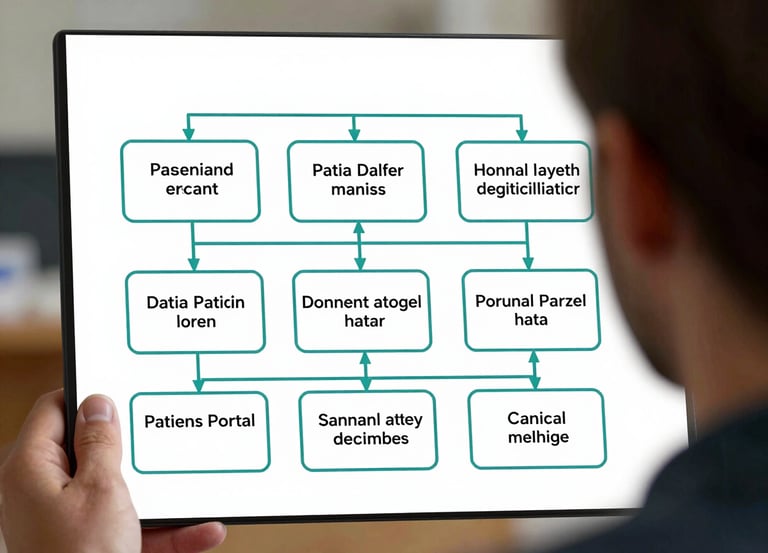 A clean vector schematic showing data flow blocks connecting a patient portal to an internal clinical database, structured grid layout, crisp teal lines.