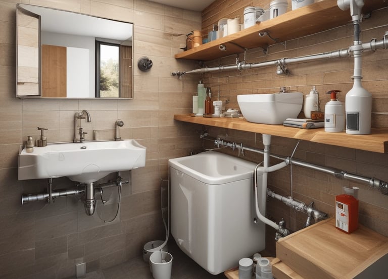 Modern rustic bathroom featuring exposed plumbing, wooden shelves, a white pedestal sink, and tan wall tiles.