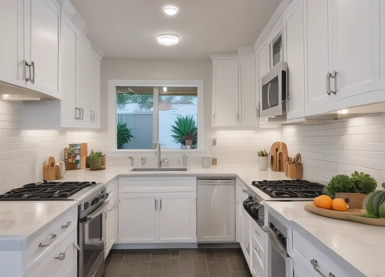 Modern white galley kitchen with quartz countertops, subway tile backsplash, and stainless steel appliances.