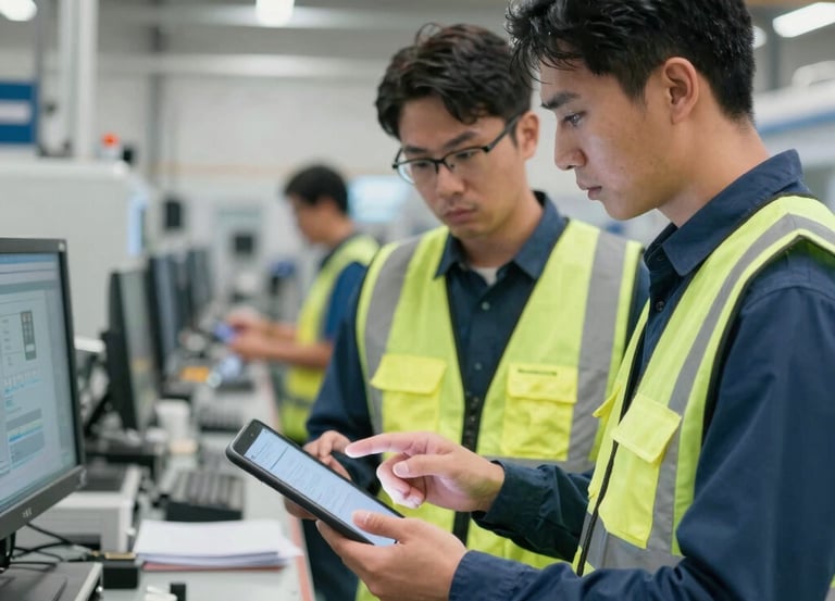 A close-up of a tech project manager reviewing assembly line data on a tablet, with factory machinery in the background.