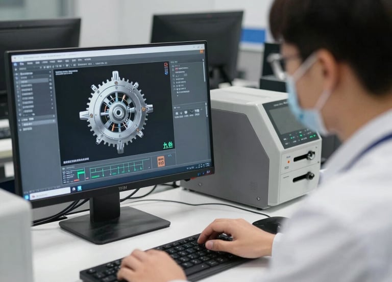 Engineer using mechanical DFM diagnostic software on a computer for factory manufacturing quotes.