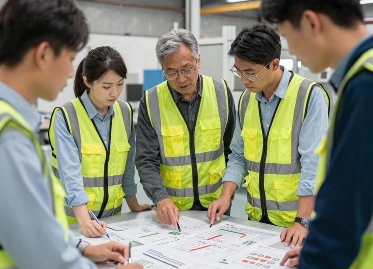A team collaborating over a factory floor plan with charts showing cost reduction.