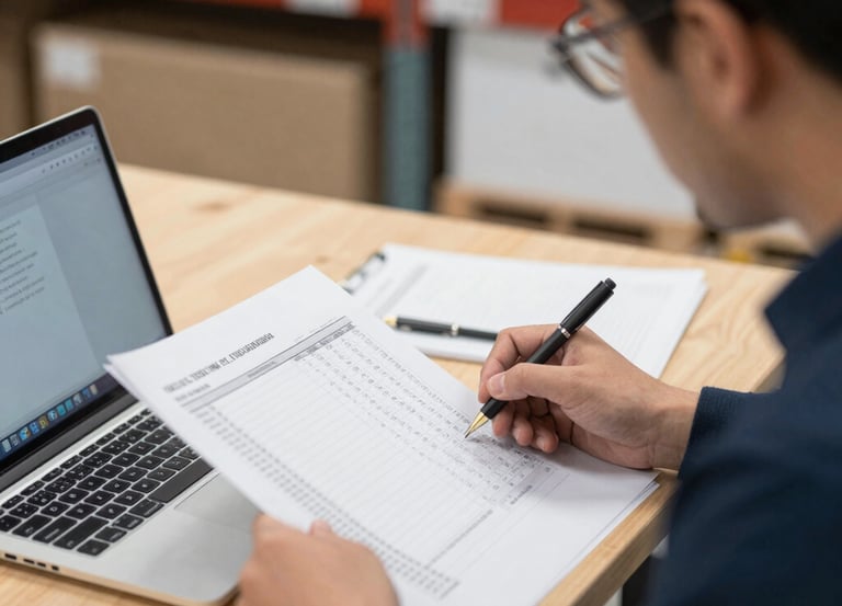 A professional reviewing detailed cost sheets and discussing with a supplier over a laptop.
