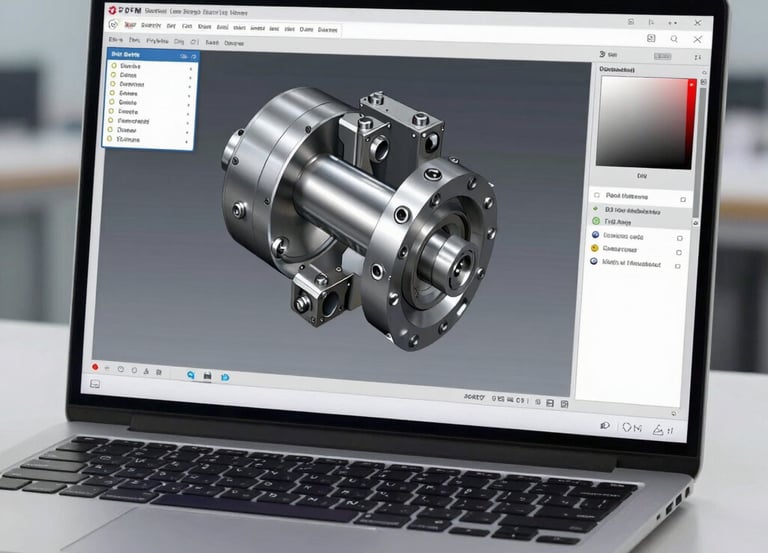 A laptop screen displaying a mechanical DFM diagnostic software with a 3D CAD model of an industrial metal part.