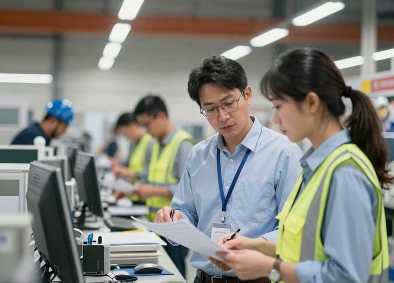 A bilingual project manager reviewing production plans with factory workers on a busy assembly line.