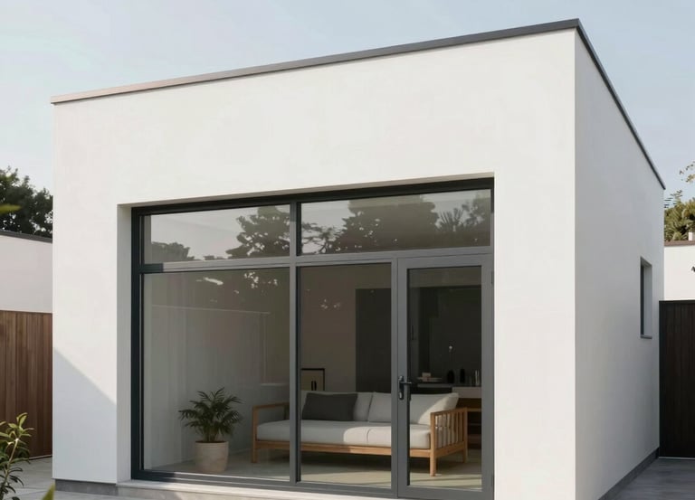 A sleek modern home front with clean lines under a bright blue sky symbolizing trust and stability.