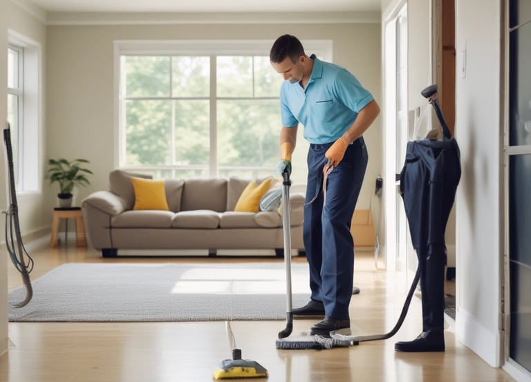 A professional cleaner carefully wiping a modern office desk with cleaning supplies nearby.