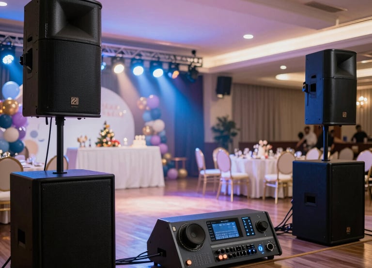 DJ setting up professional audio and lighting equipment at a small event in Pesaro.