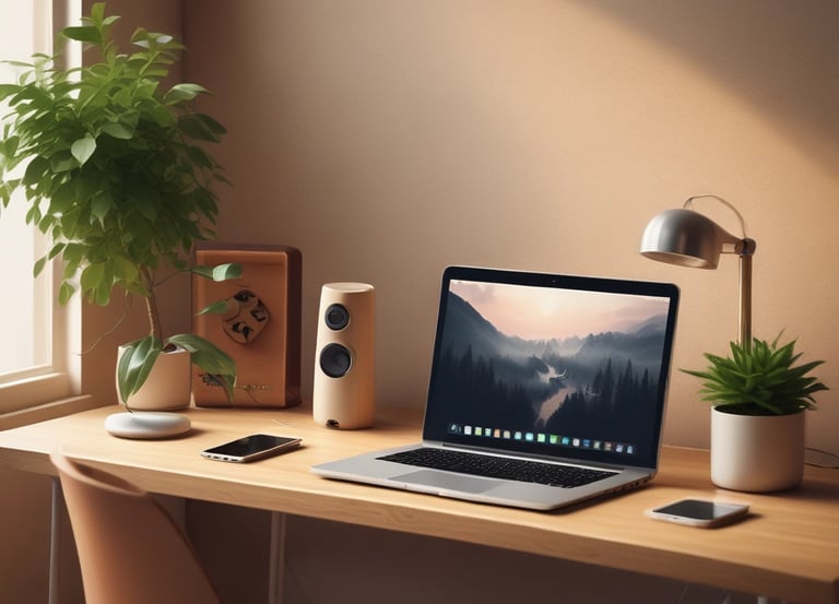A cozy living room with a Bluetooth speaker and a robot vacuum in action.