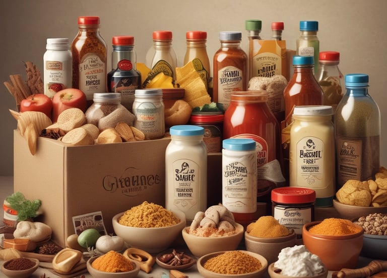 A vibrant display of colorful products with price tags highlighting discounts.