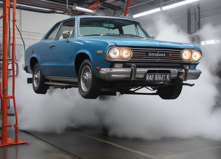 A friendly technician steaming a sleek black car under warm orange lighting.