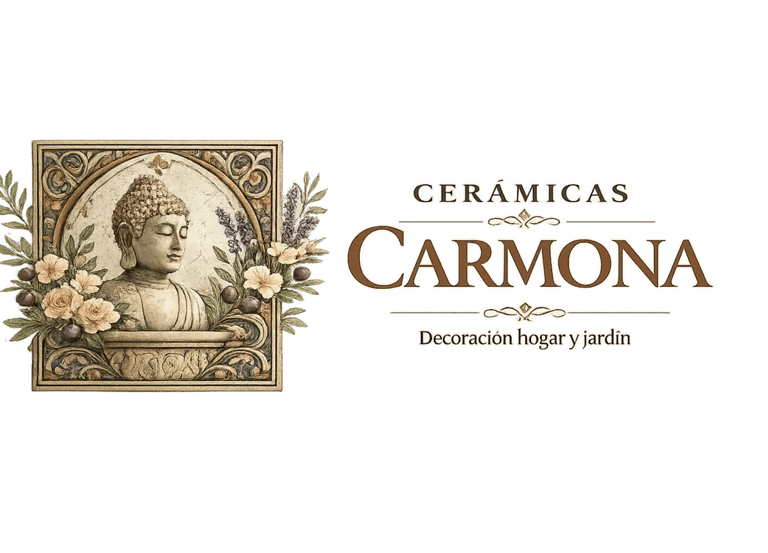 Cerámicas Carmona logo featuring a Buddha relief for home and garden decoration.