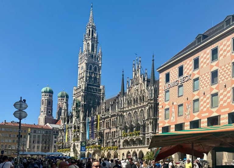 Historic buildings at Marienplatz in Munich on a sunny day