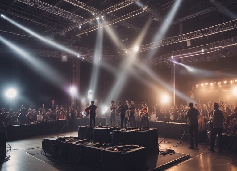 A vibrant event setup with professional lighting, sound equipment, and a lively crowd enjoying the atmosphere.