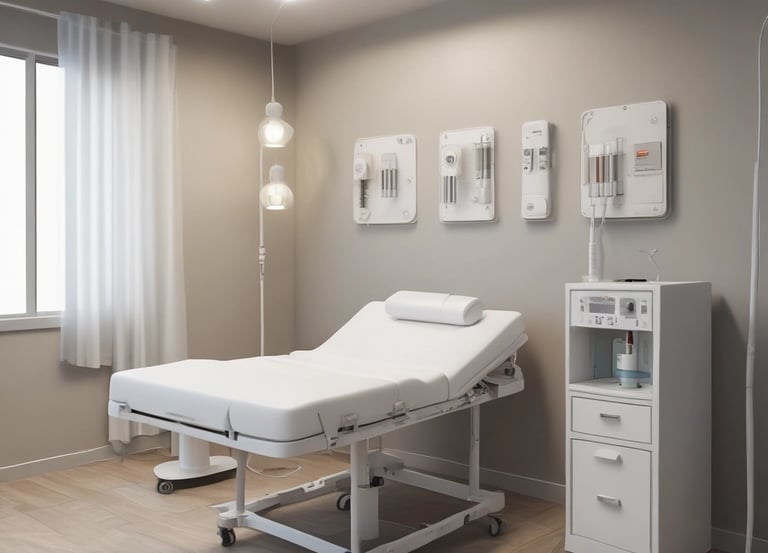 A serene treatment room with soft lighting and an IV hydration setup ready for an aesthetic session.