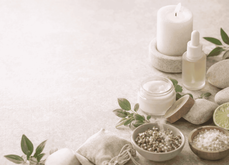 Productos naturales para el cuidado de la piel con aceite esencial, crema facial y sales de baño