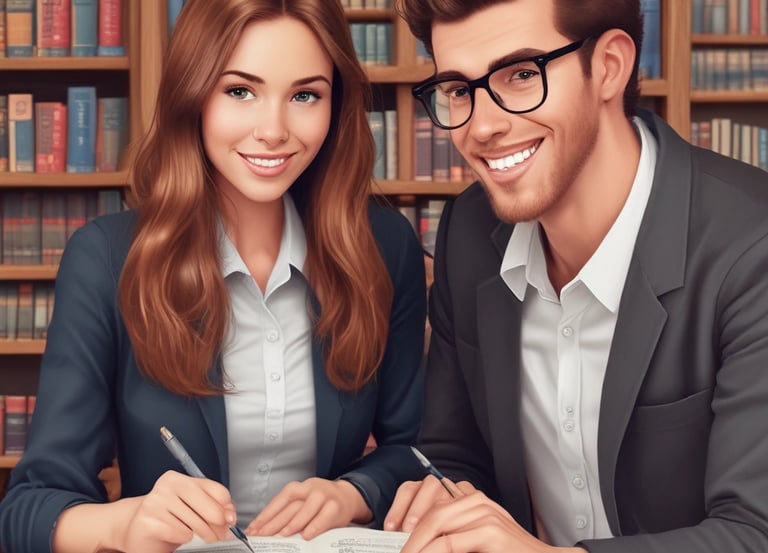 A friendly teacher engaging with students in a bright classroom.