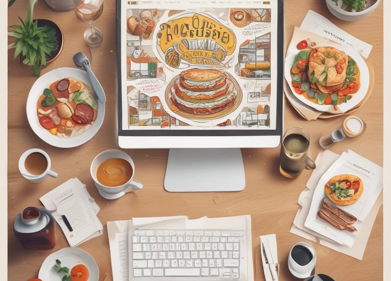 A vibrant collage showing digital marketing, restaurant management, and tourism hospitality icons.