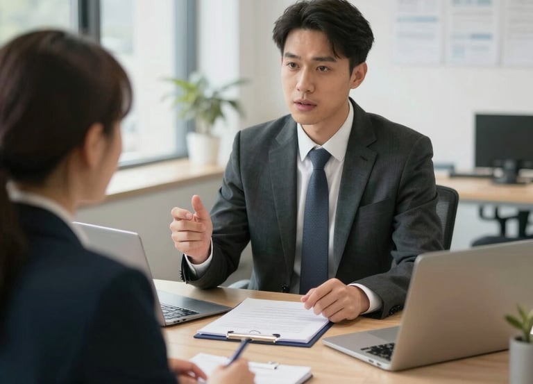 A confident consultant discussing pharma strategies with a client over a laptop.