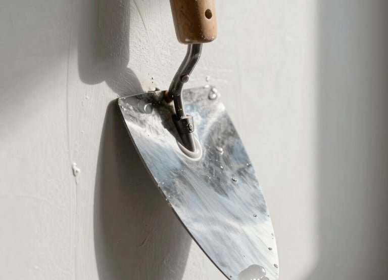 Extreme close-up of a steel trowel gliding smoothly over wet white plaster on a wall, sharp side lighting casting long shadows to show absolute flatness, clean architectural lines.