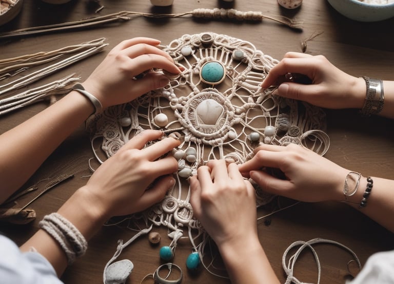Manos elaborando un atrapasueños de macramé con piedras turquesa y cuentas sobre una mesa