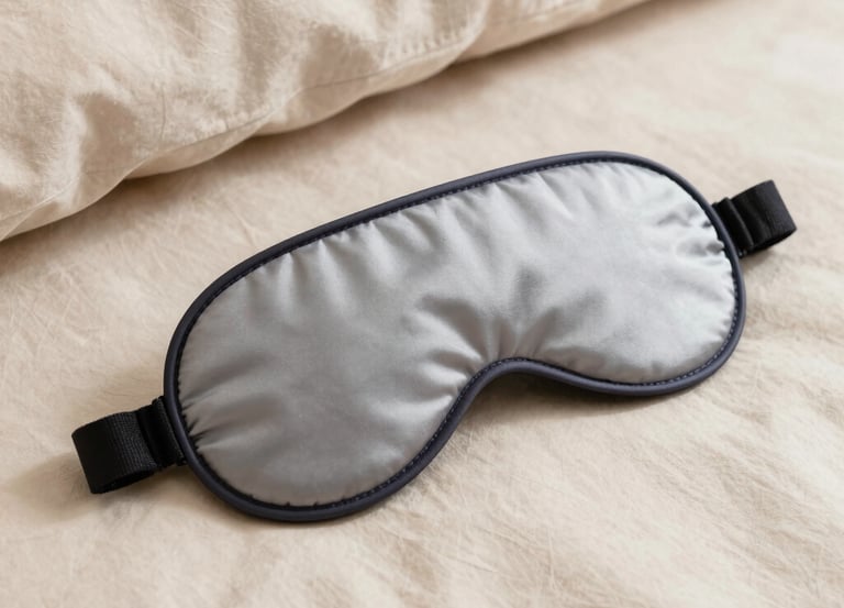 Elegant silk sleep mask resting on soft champagne-colored fabric with golden accents.