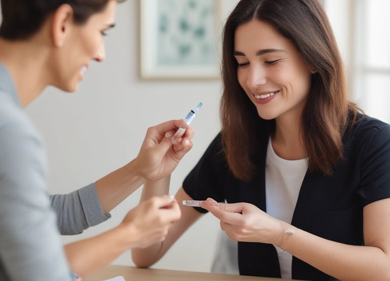 A person smiling while checking their health stats on a smartphone in a cozy home setting.