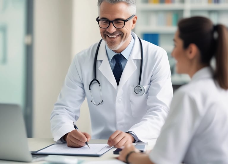 Clean medical consultation cards with blue icons on white background.