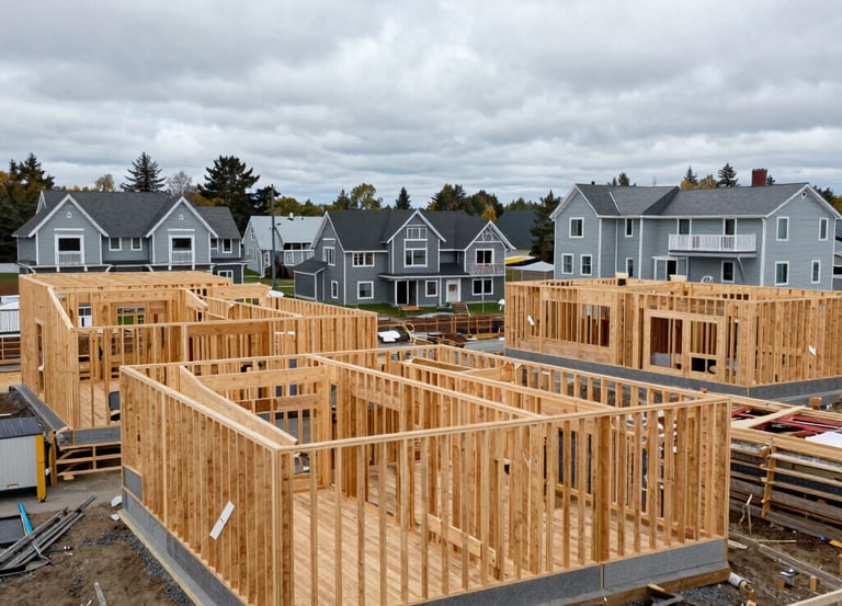 A bustling construction site in Nova Scotia with workers and machinery actively building a residential complex.
