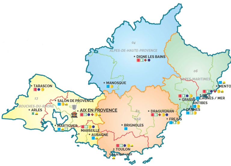 Carte colorée des juridictions du ressort de la cour d'appel d'Aix-en-Provence