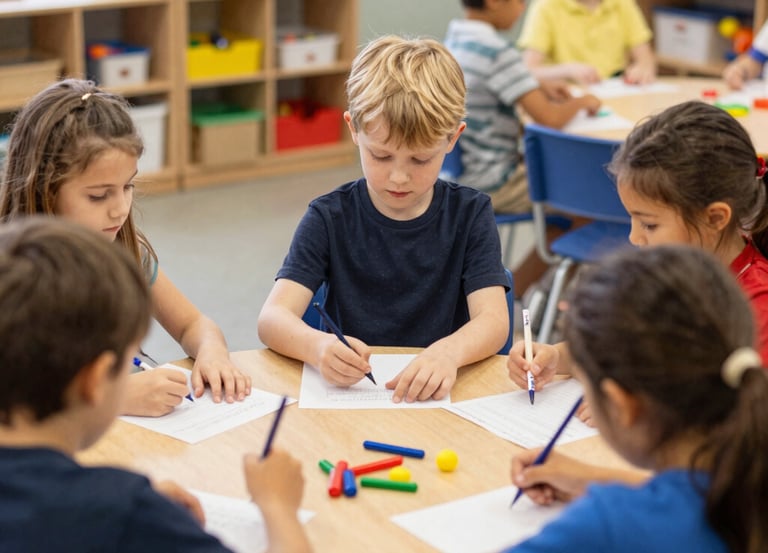 A bright classroom with toddlers engaged in playful learning activities, showcasing diversity and warmth.