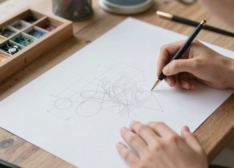 A creative workspace with colorful design sketches and a laptop displaying a logo concept.